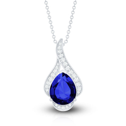 Classic Lab Grown Blue Sapphire Pendant Necklace With Diamond
