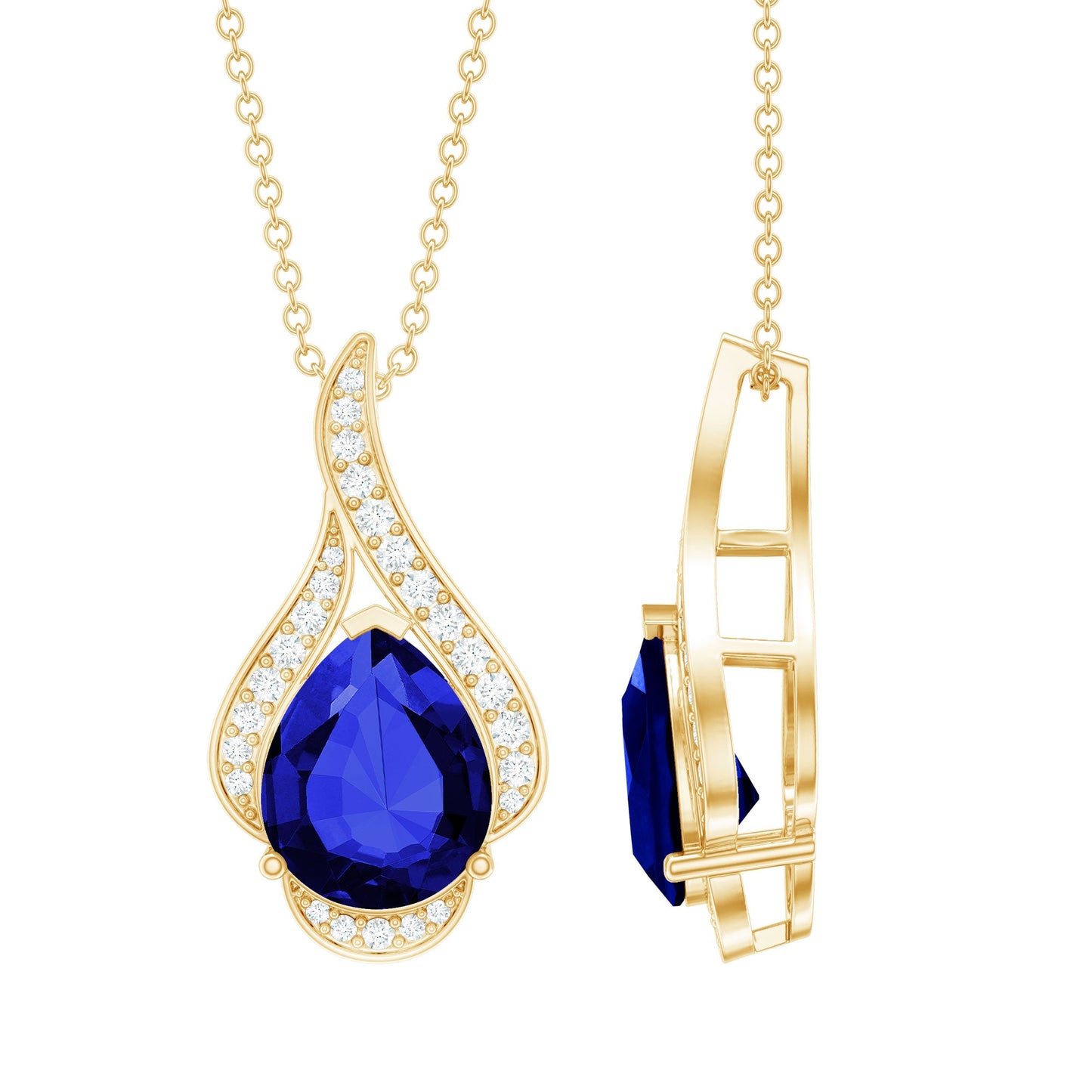 Classic Lab Grown Blue Sapphire Pendant Necklace With Diamond
