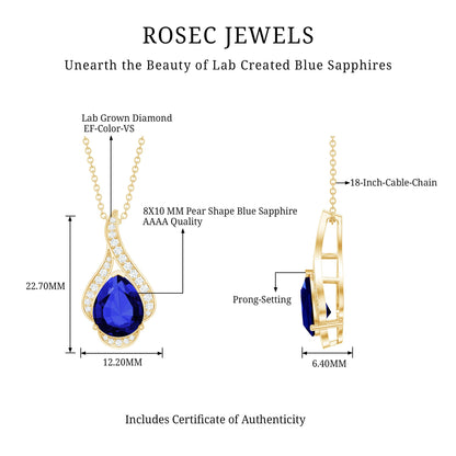Classic Lab Grown Blue Sapphire Pendant Necklace With Diamond
