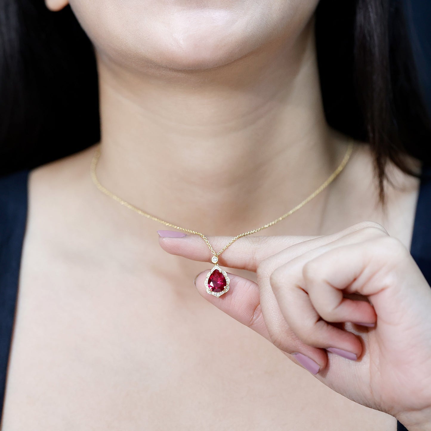 Certified Lab Grown Ruby Vintage Inspired Necklace with Diamond Halo