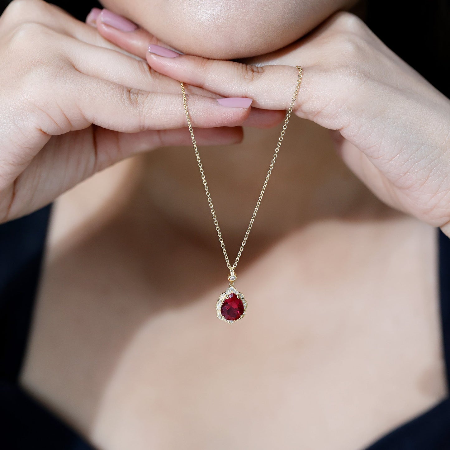 Certified Lab Grown Ruby Vintage Inspired Necklace with Diamond Halo