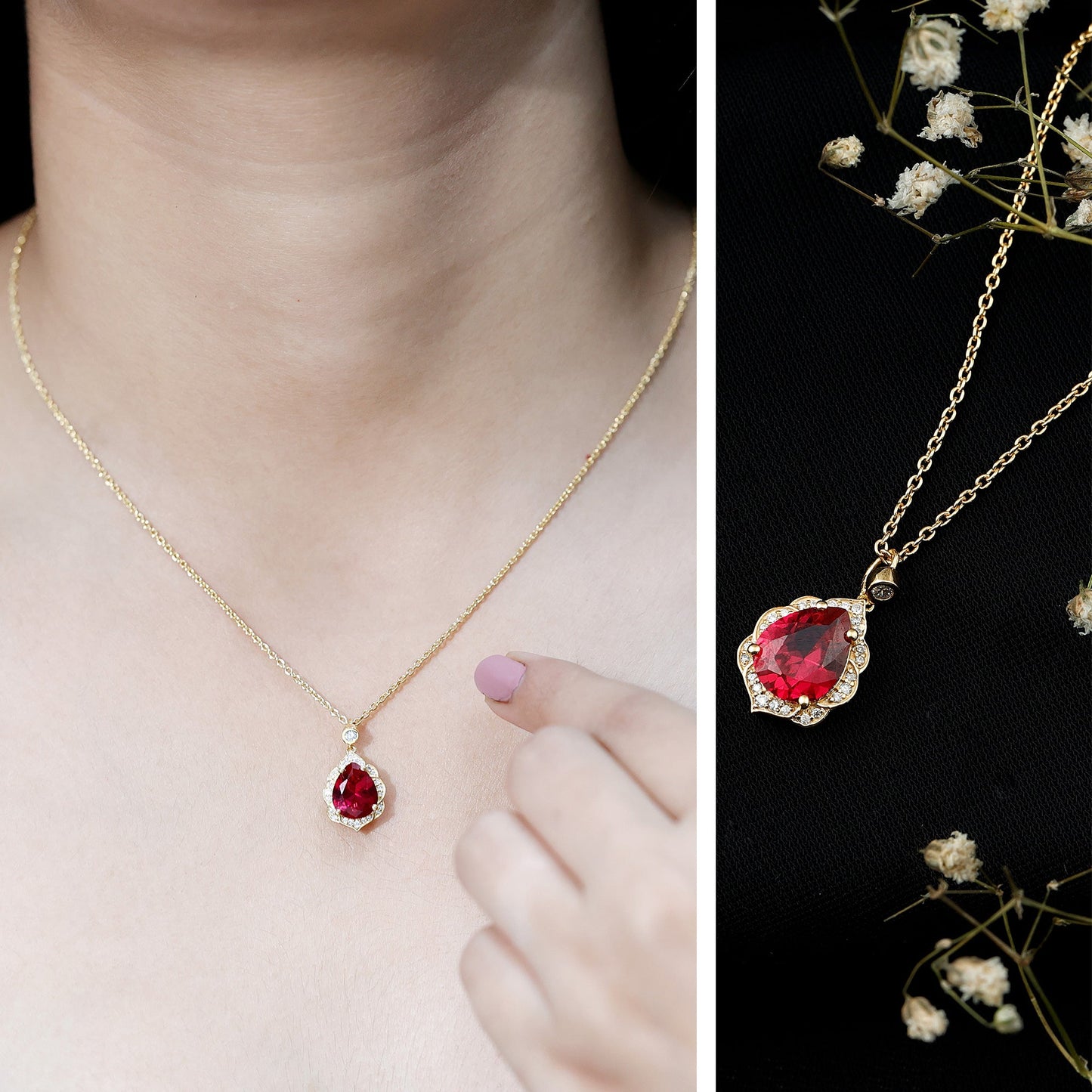 Certified 3 Carat Lab Grown Ruby and Diamond Vintage Necklace