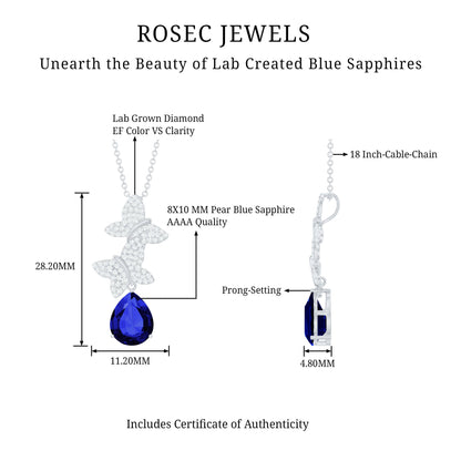 Lab Grown Blue Sapphire Butterflies Pendant Necklace with Diamond