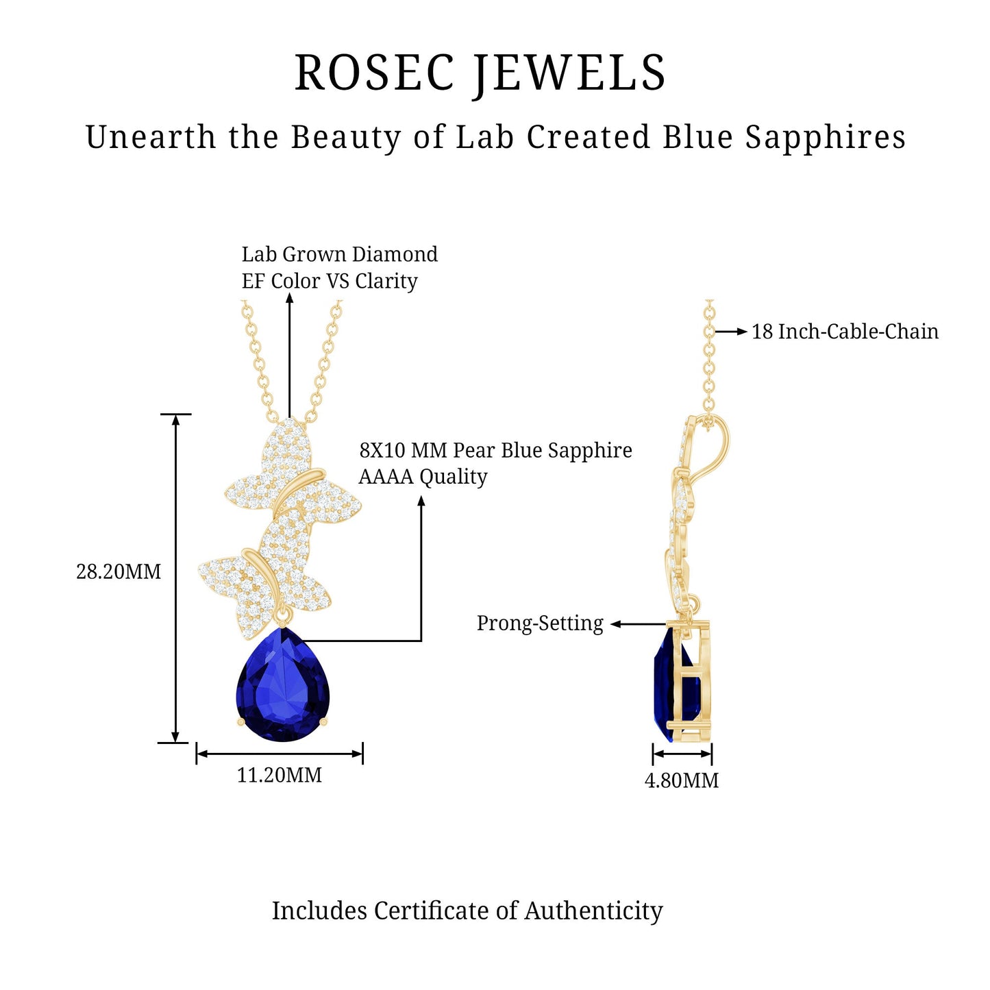 Lab Grown Blue Sapphire Butterflies Pendant Necklace with Diamond