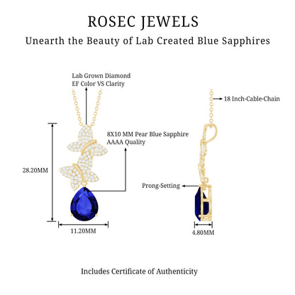 Lab Grown Blue Sapphire Butterflies Pendant Necklace with Diamond