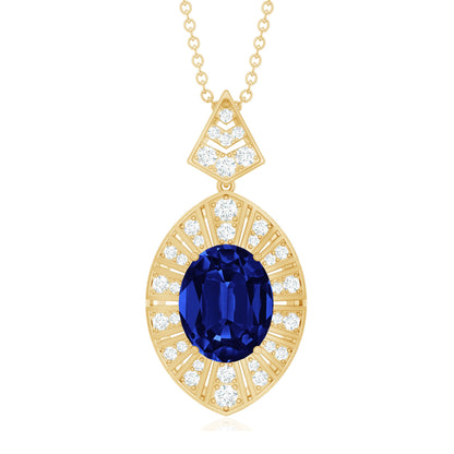 Lab Grown Blue Sapphire Art Deco Necklace with Diamond Accent
