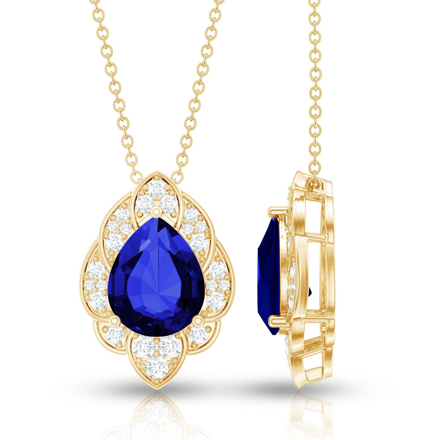 Certified Lab Grown Blue Sapphire Petal Necklace with Diamond