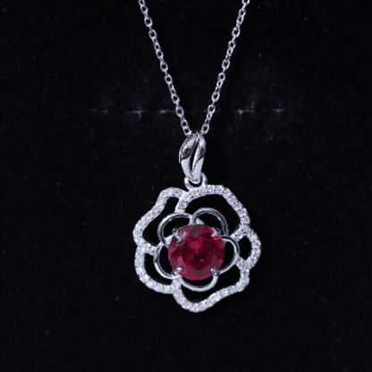 Certified Lab Grown Ruby Rose Pendant Necklace with Diamond Accent