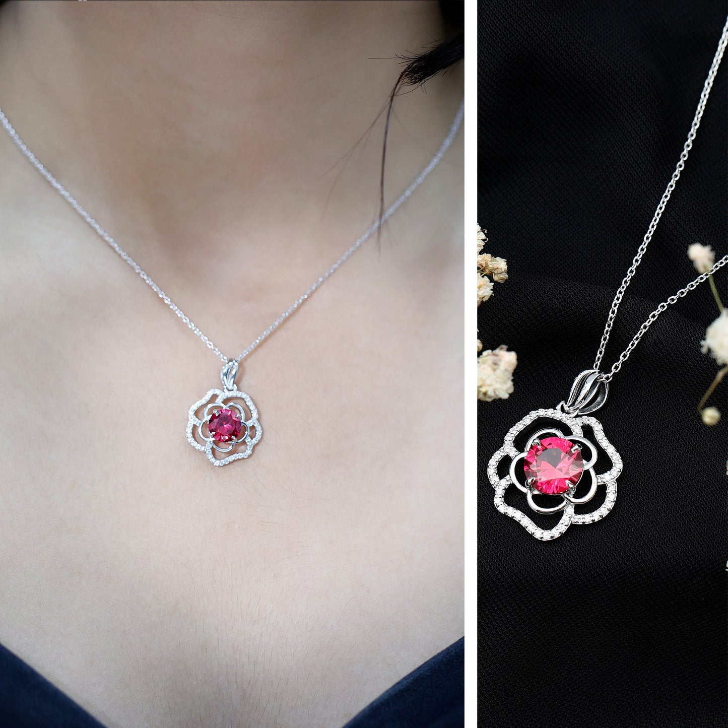 Certified Lab Grown Ruby Rose Pendant Necklace with Diamond Accent