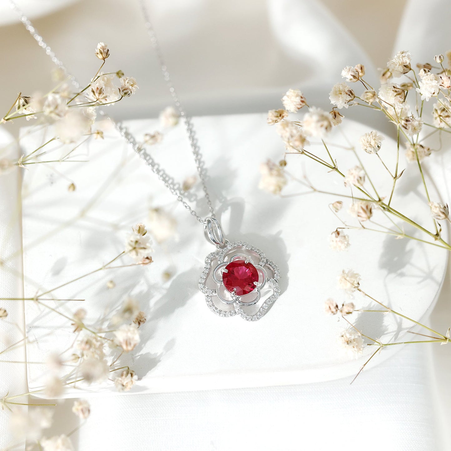 Certified Lab Grown Ruby Rose Pendant Necklace with Diamond Accent
