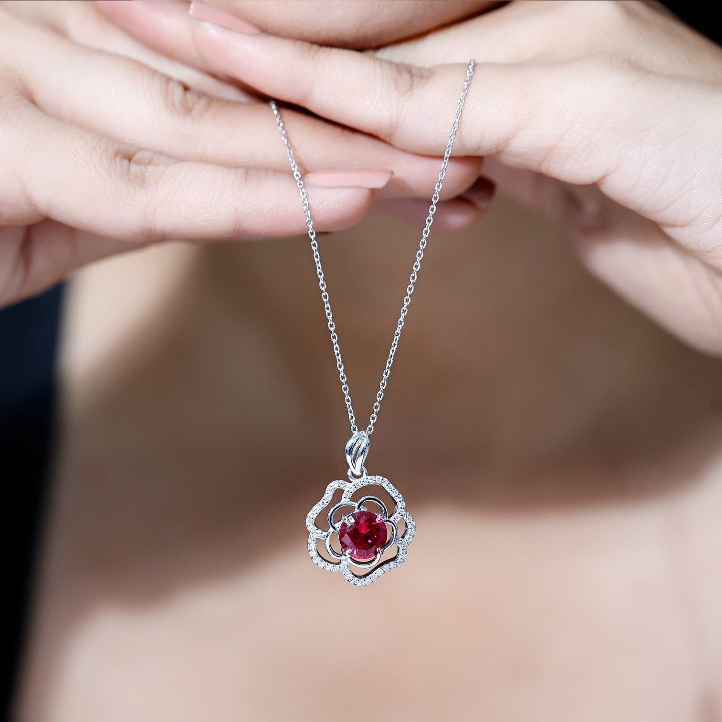 Certified Lab Grown Ruby Rose Pendant Necklace with Diamond Accent