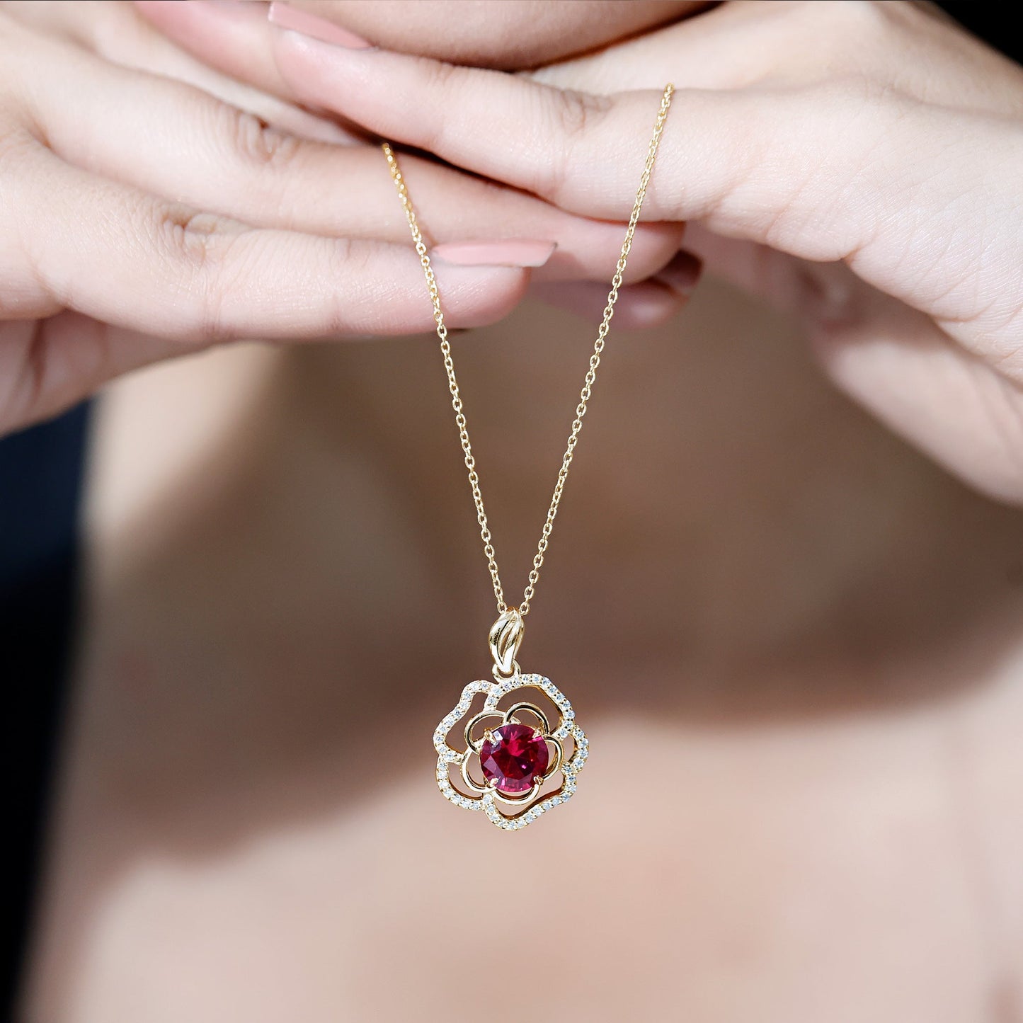 Certified Lab Grown Ruby Rose Pendant Necklace with Diamond Accent