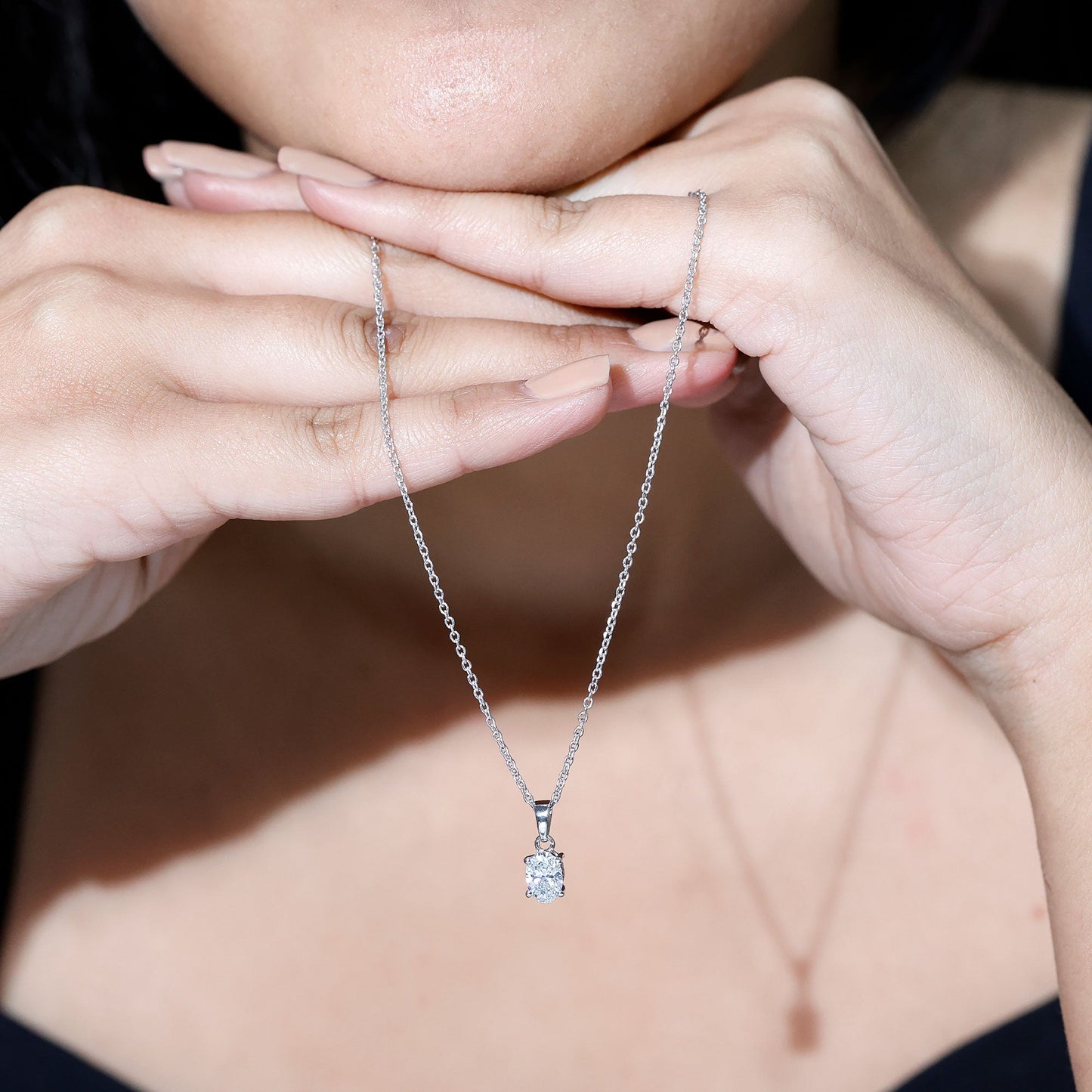 0.75 Carat Oval Lab Grown Diamond Solitaire Necklace with Silver Chain