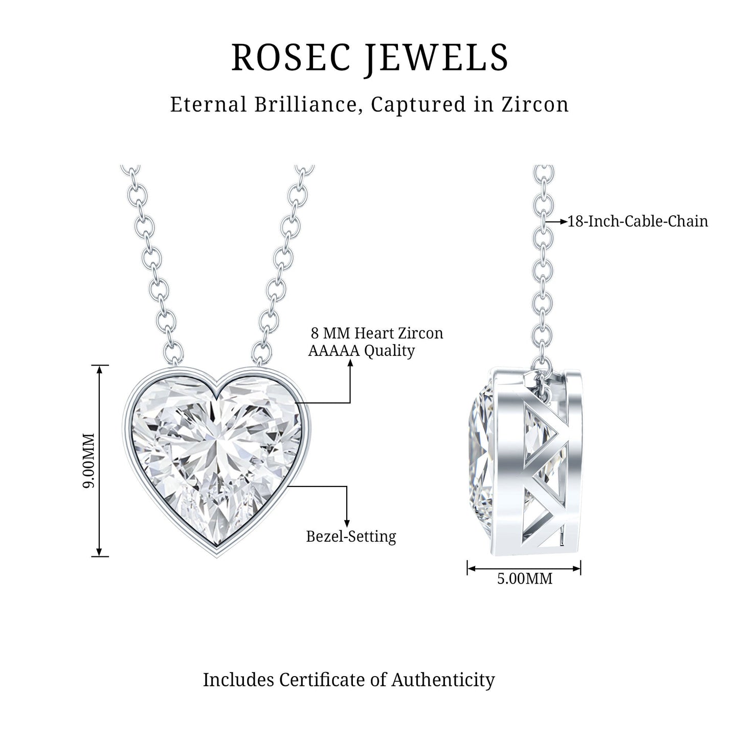 Bezel Set 2 Carat Cubic Zirconia Heart Pendant Necklace with Chain