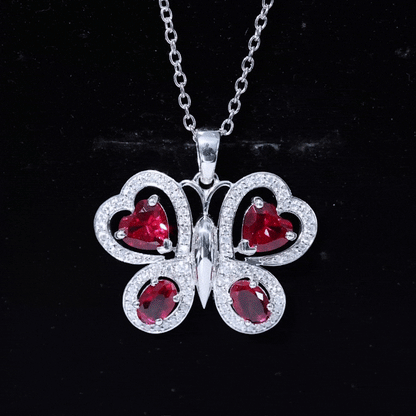 Certified Created Ruby Butterfly Pendant Necklace with Moissanite