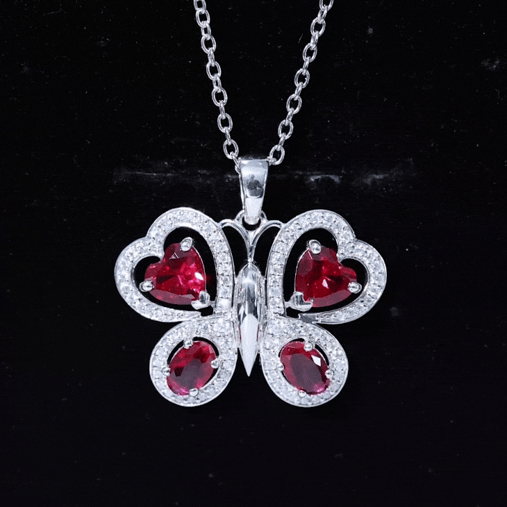 Certified Created Ruby Butterfly Pendant Necklace with Moissanite