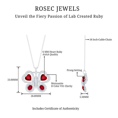 Certified Created Ruby Butterfly Pendant Necklace with Moissanite