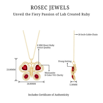 Certified Created Ruby Butterfly Pendant Necklace with Moissanite
