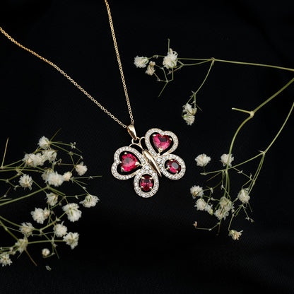 Certified Created Ruby Butterfly Pendant Necklace with Moissanite