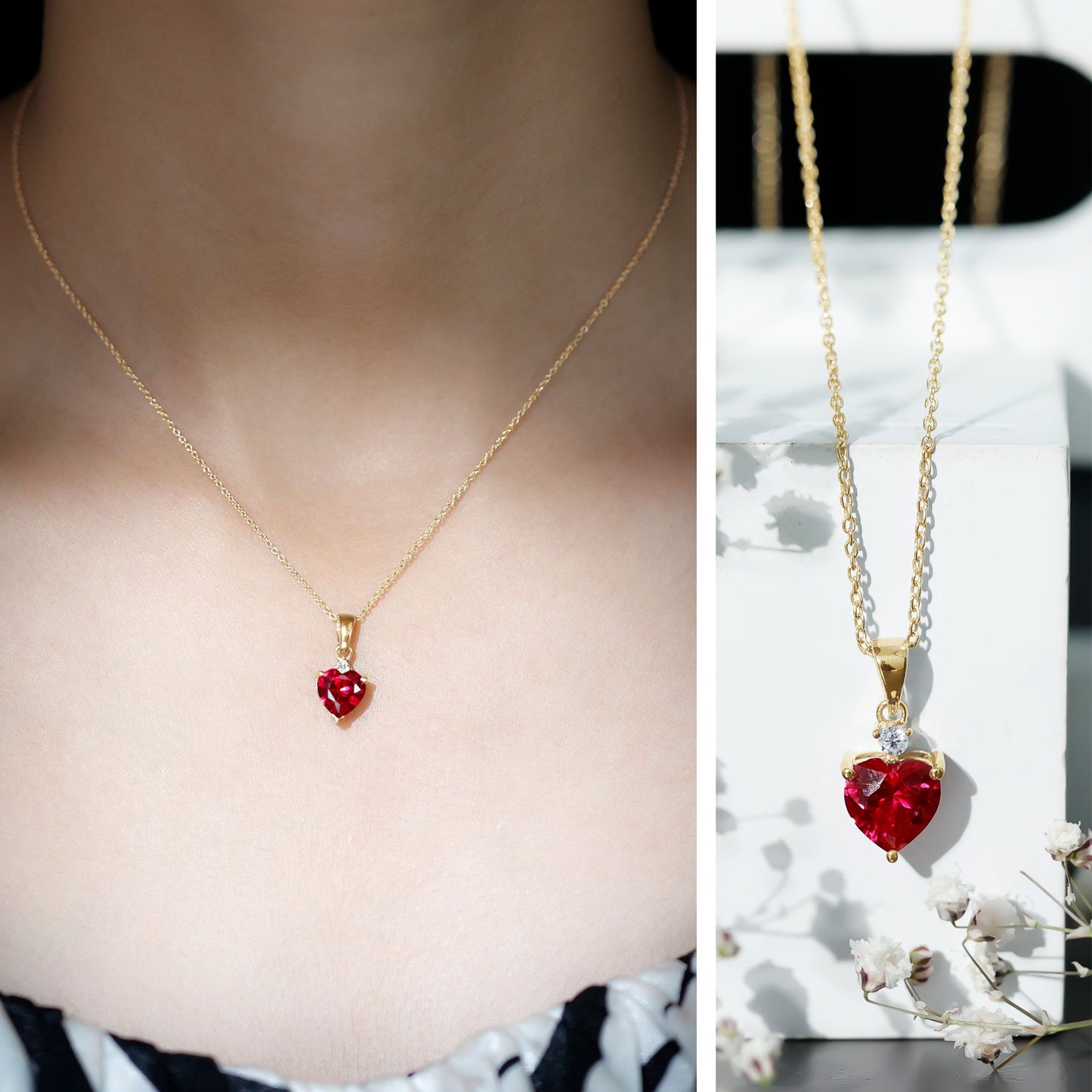2 CT Lab Grown Ruby Heart Pendant Necklace with Moissanite