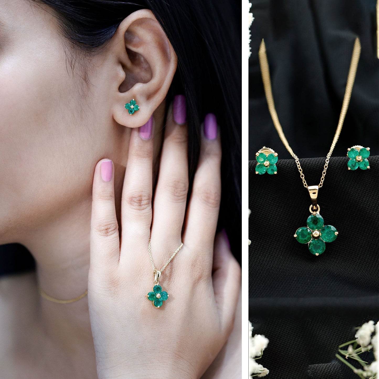 Natural Emerald Clover Jewelry Set for Women