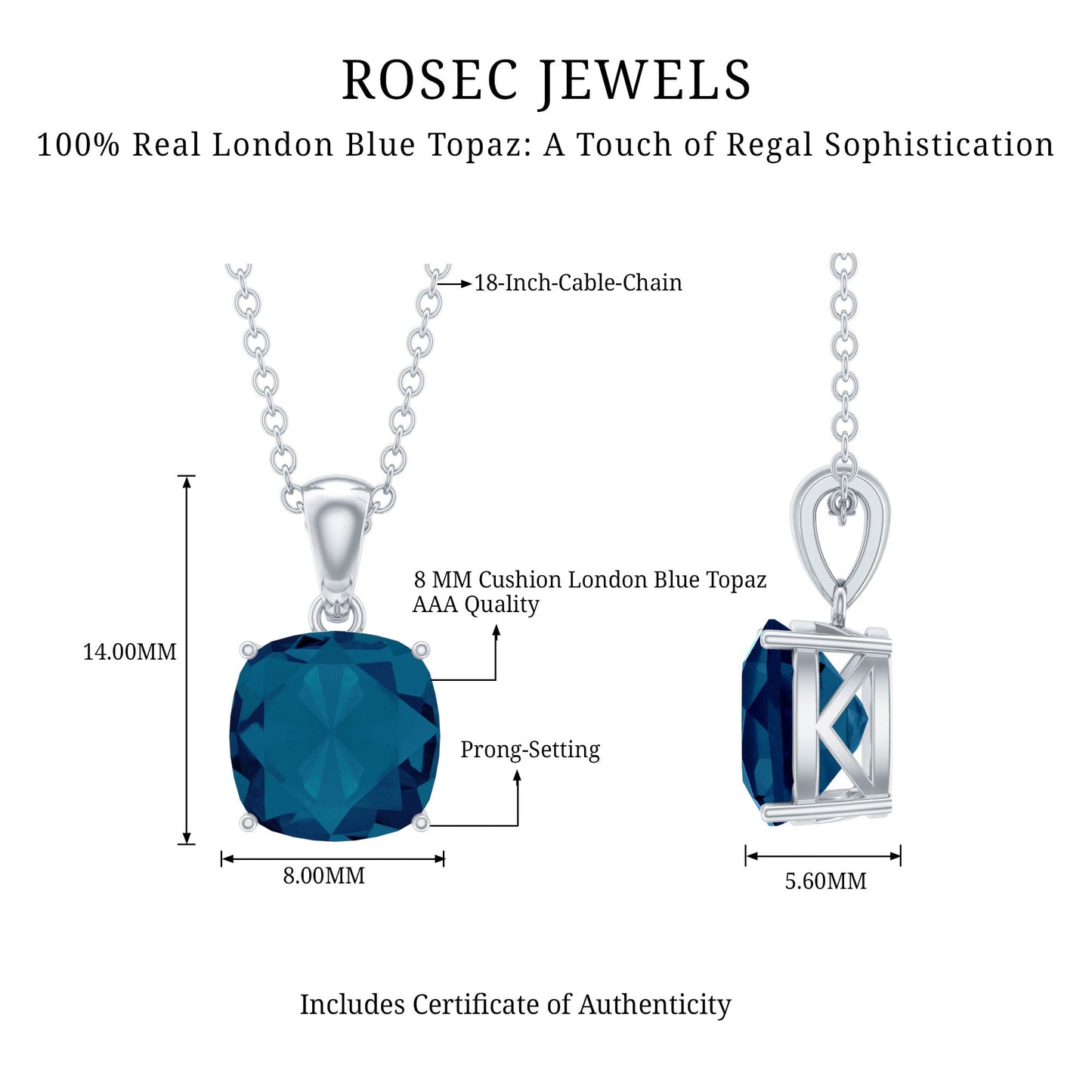 2.84 Carat Cushion Cut London Blue Topaz Solitaire Pendant