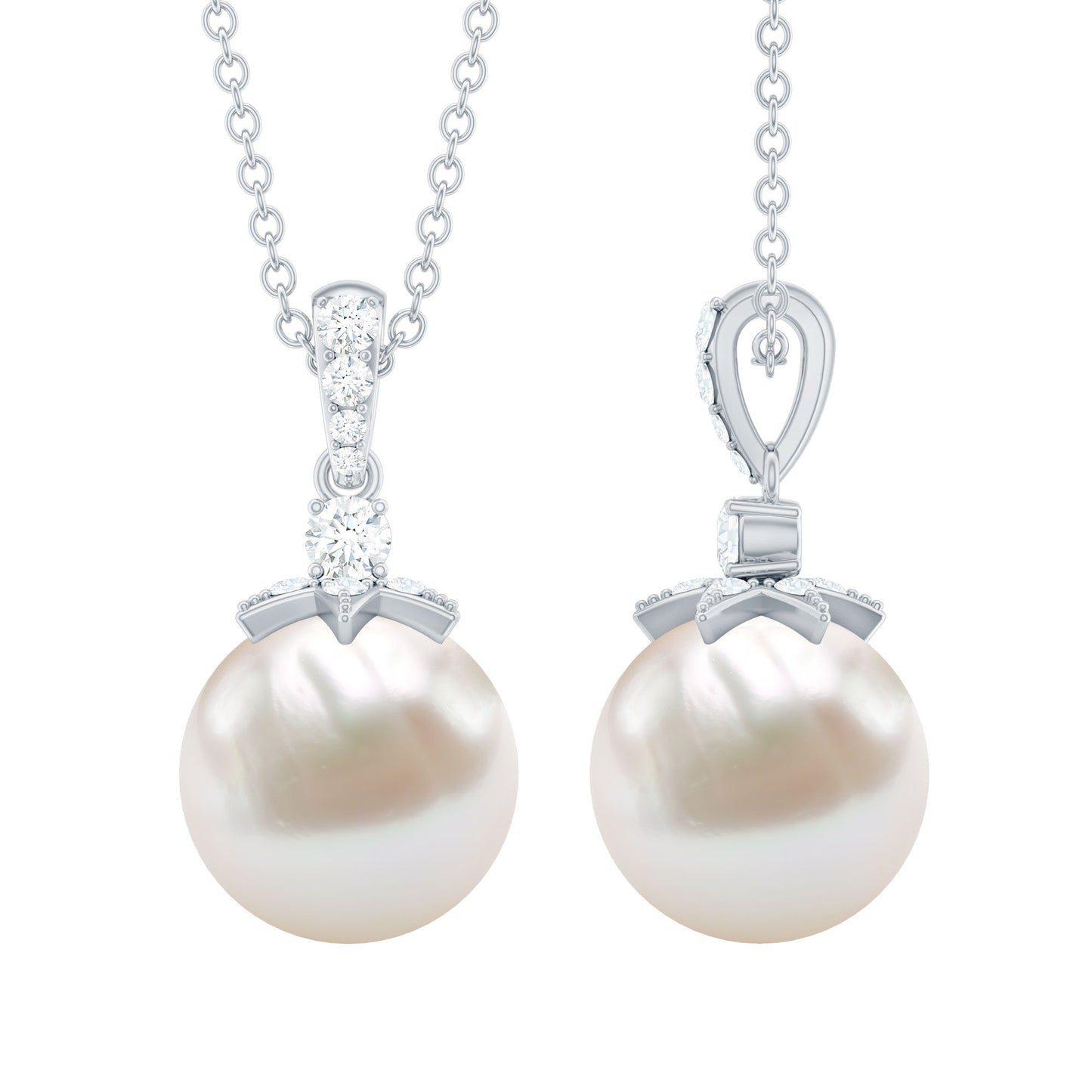 Real Freshwater Pearl and Diamond Drop Pendant Necklace