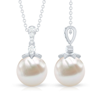 Real Freshwater Pearl and Diamond Drop Pendant Necklace