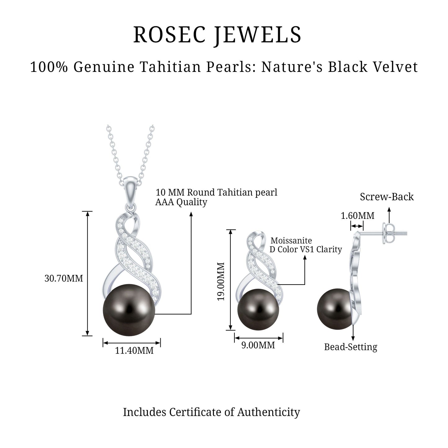 Natural Tahitian Pearl Bridal Infinity Drop Jewelry Set with Moissanite