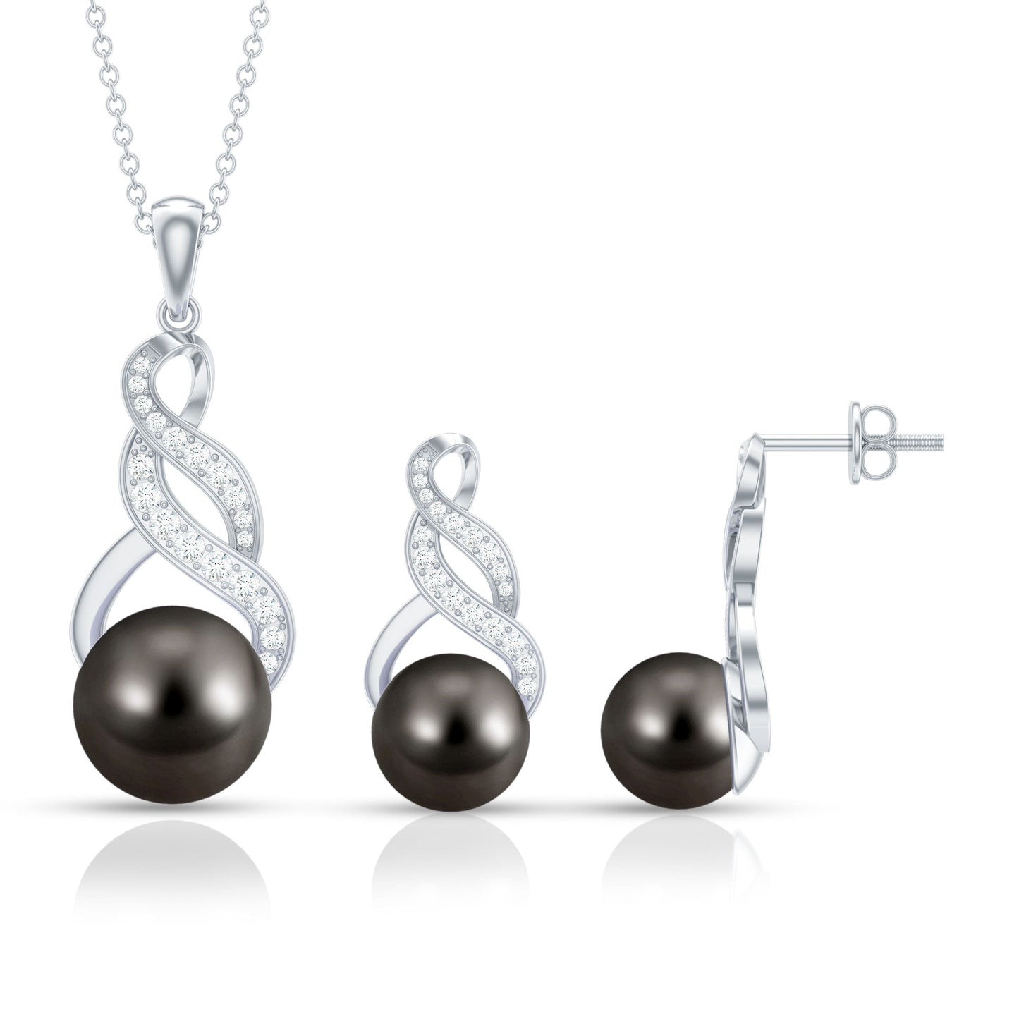 Natural Tahitian Pearl Bridal Infinity Drop Jewelry Set with Moissanite