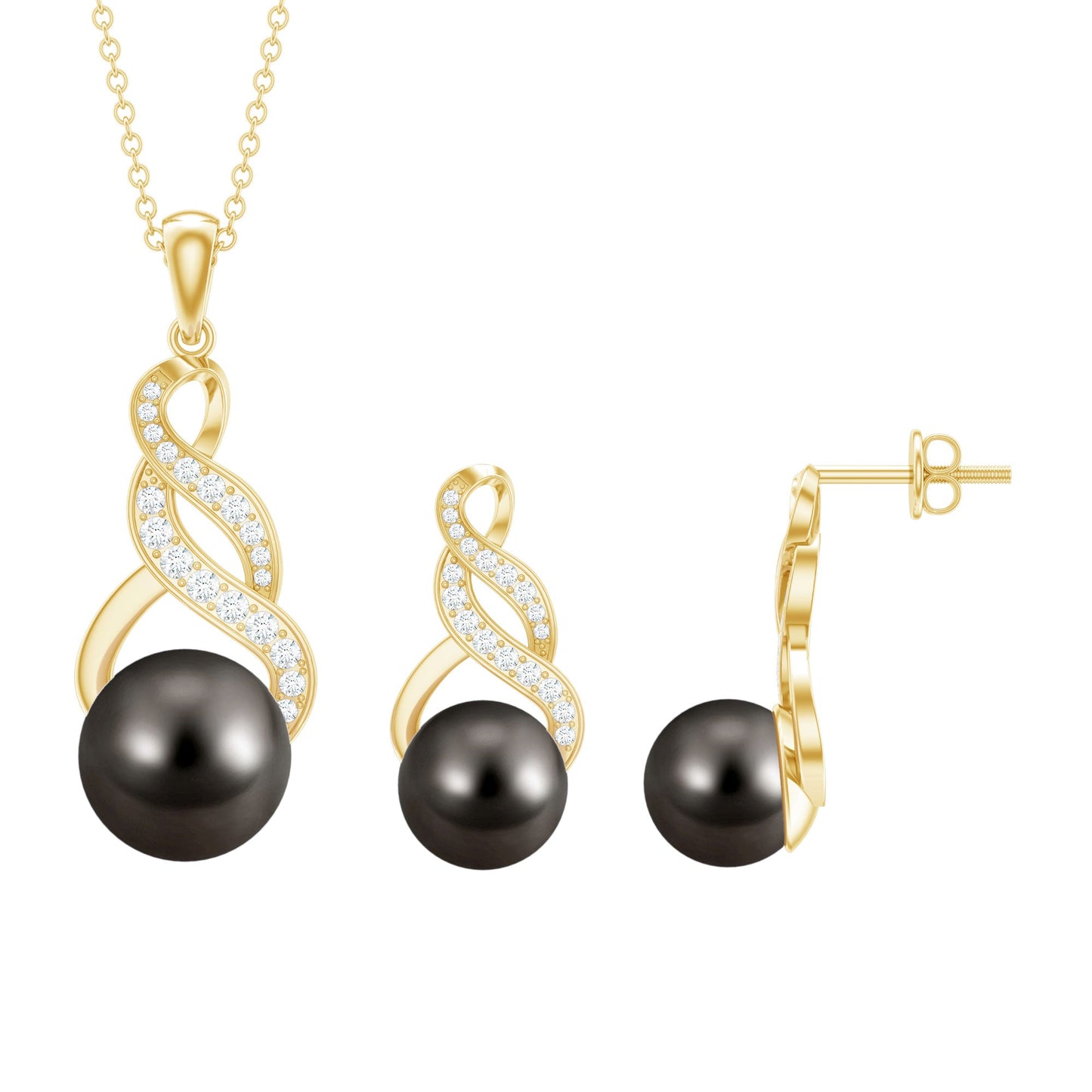 Natural Tahitian Pearl Bridal Infinity Drop Jewelry Set with Moissanite
