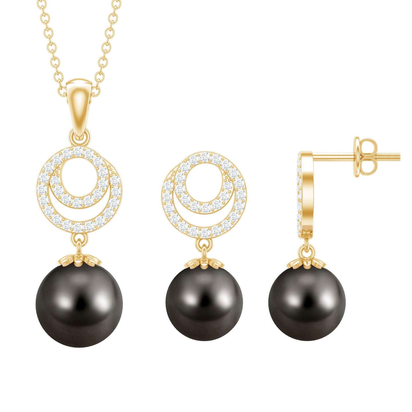 Genuine Tahitian Black Pearl Drop Jewelry Set with Certificate
