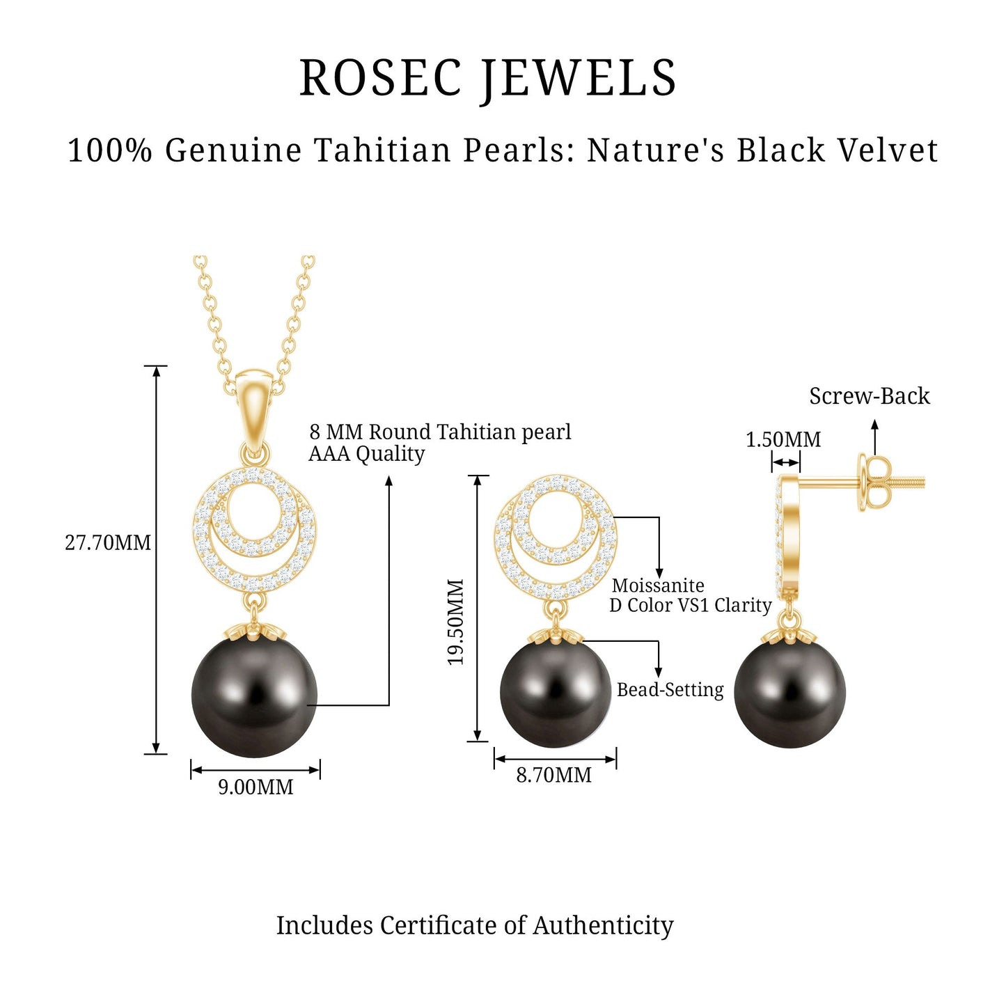 Genuine Tahitian Black Pearl Drop Jewelry Set with Certificate