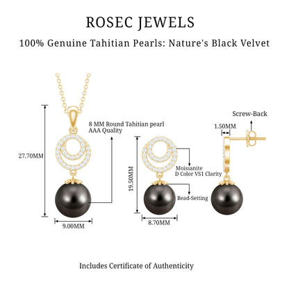 Genuine Tahitian Black Pearl Drop Jewelry Set with Certificate