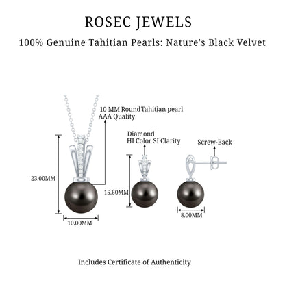 Genuine Tahitian Pearl and Diamond Drop Necklace Earrings Set