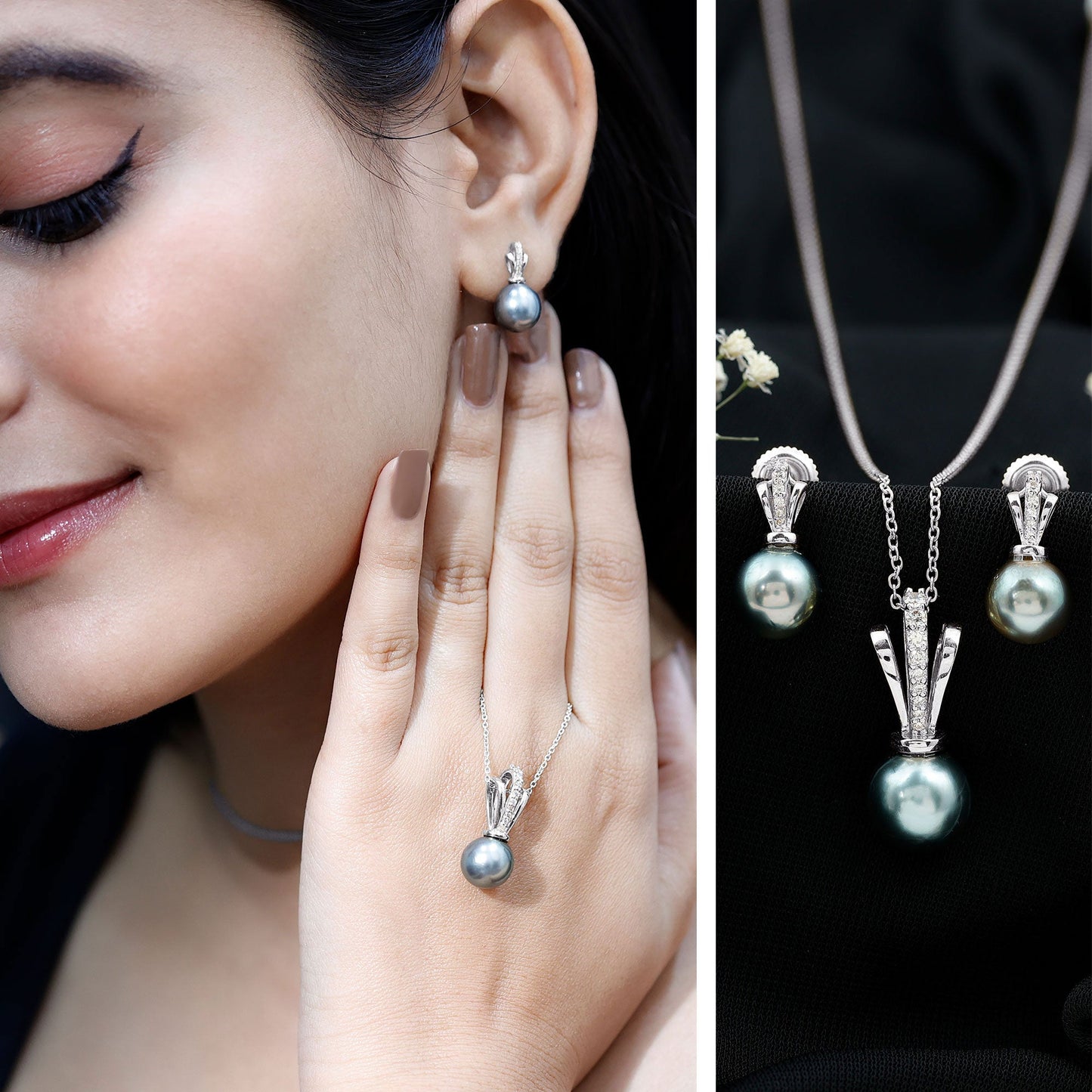 Genuine Tahitian Pearl and Diamond Drop Necklace Earrings Set