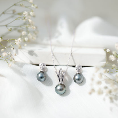 Genuine Tahitian Pearl and Diamond Drop Necklace Earrings Set