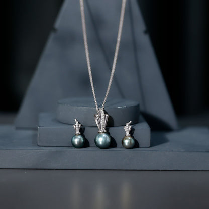 Genuine Tahitian Pearl and Diamond Drop Necklace Earrings Set