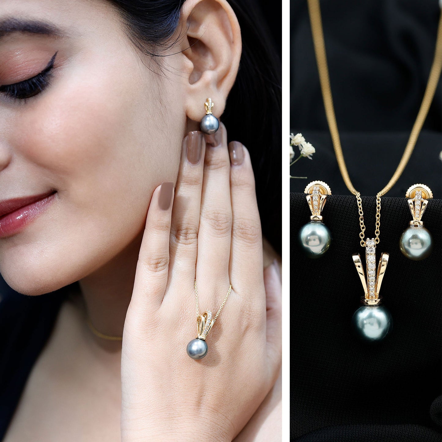 Genuine Tahitian Pearl and Diamond Drop Necklace Earrings Set