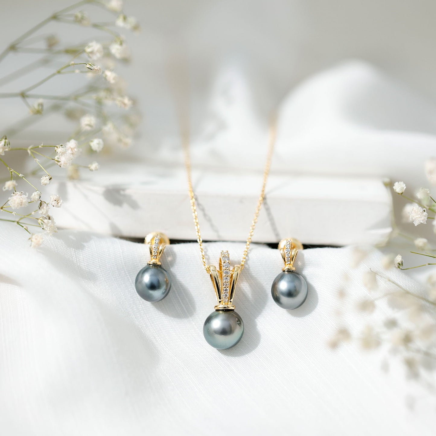 Genuine Tahitian Pearl and Diamond Drop Necklace Earrings Set
