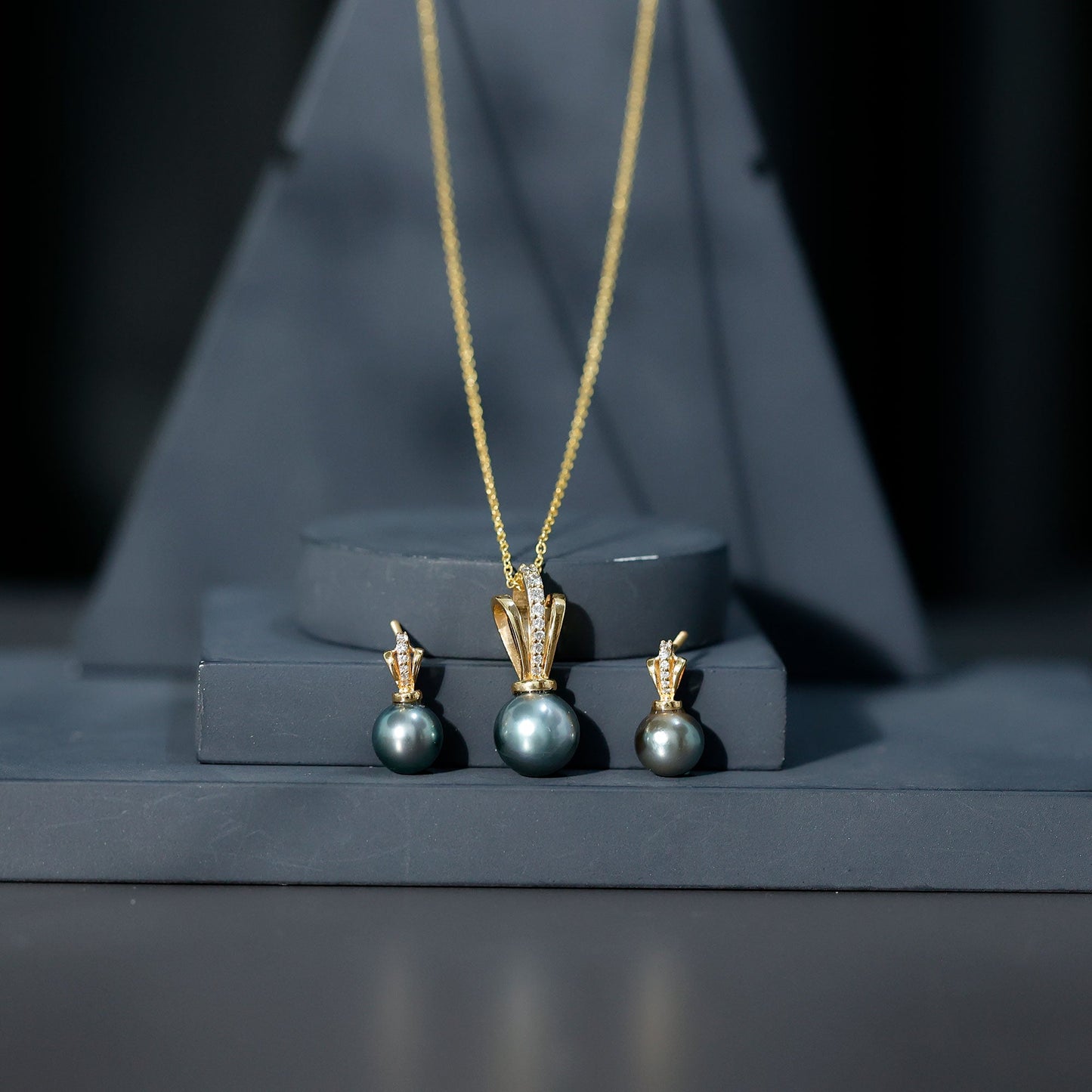Genuine Tahitian Pearl and Diamond Drop Necklace Earrings Set