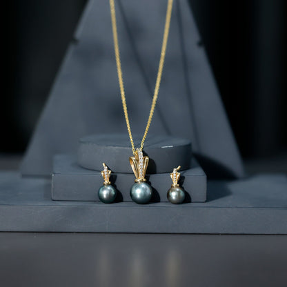 Genuine Tahitian Pearl and Diamond Drop Necklace Earrings Set
