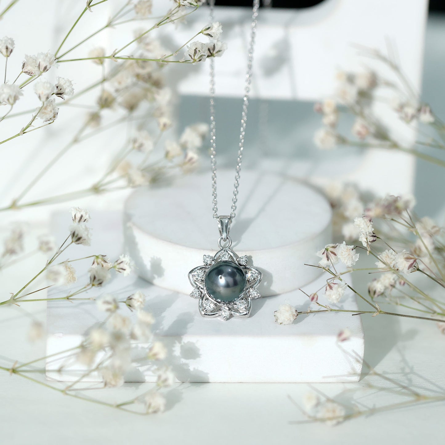 Real Tahitian Pearl and Diamond Star Pendant Necklace With Chain