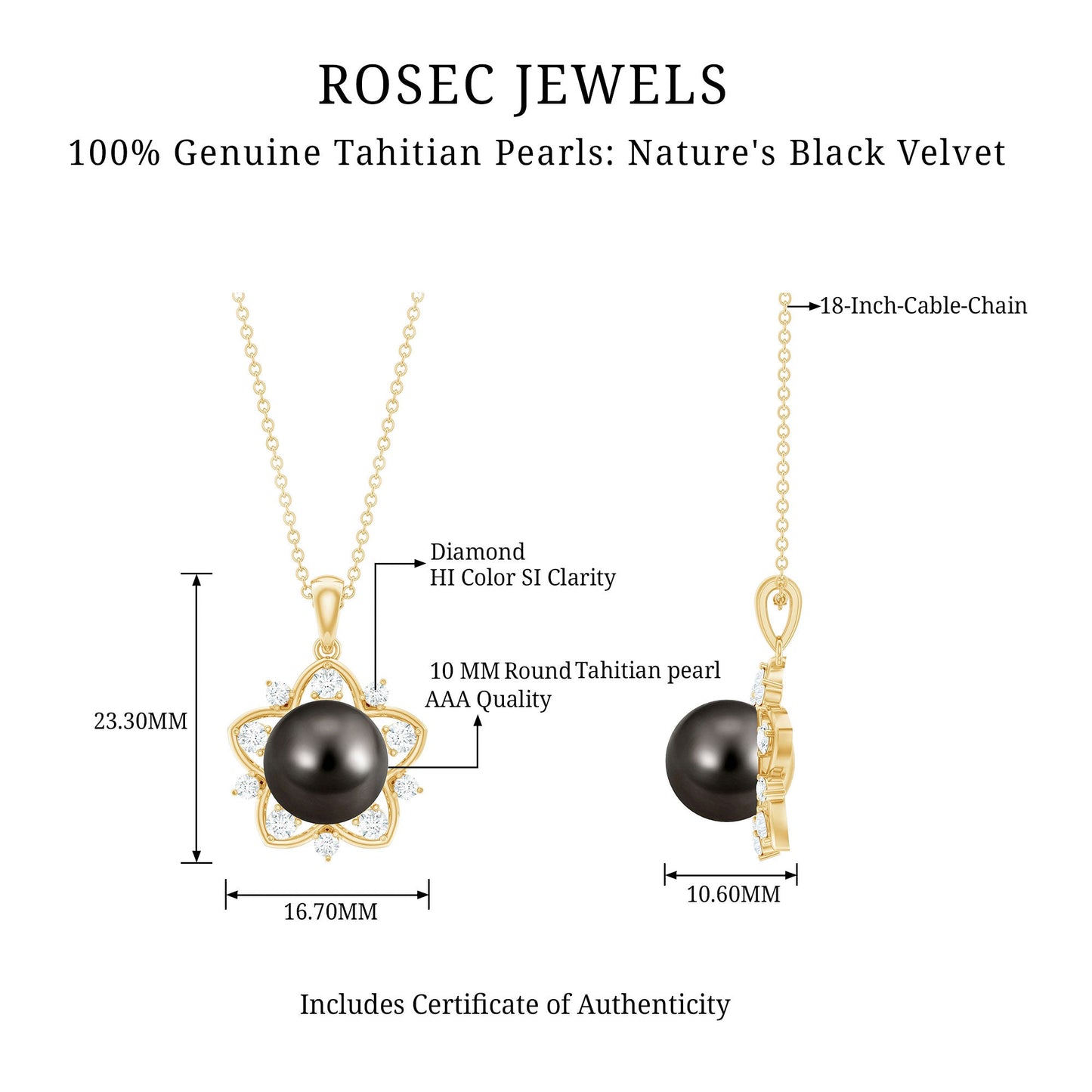 Real Tahitian Pearl and Diamond Star Pendant Necklace With Chain