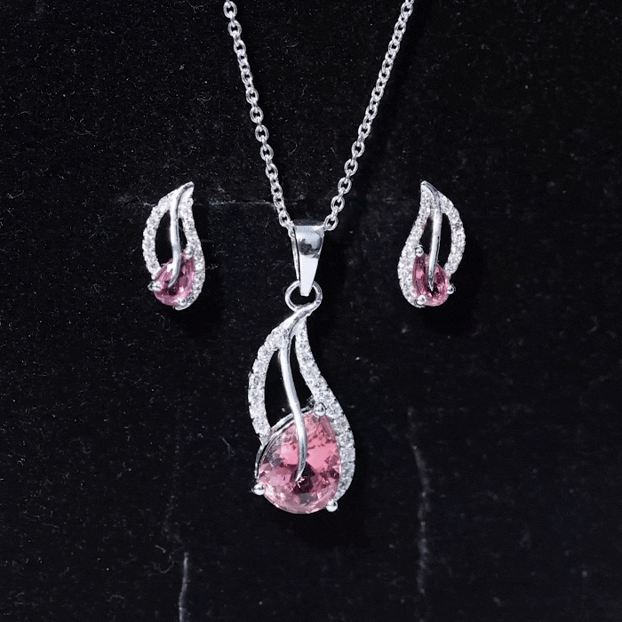 Pear Shaped Pink Tourmaline and Diamond Leaf Jewelry Set