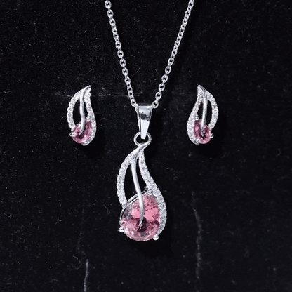 Pear Shaped Pink Tourmaline and Diamond Leaf Jewelry Set