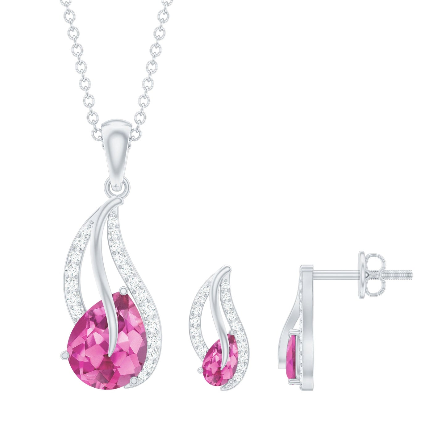 Pear Shaped Pink Tourmaline and Diamond Leaf Jewelry Set