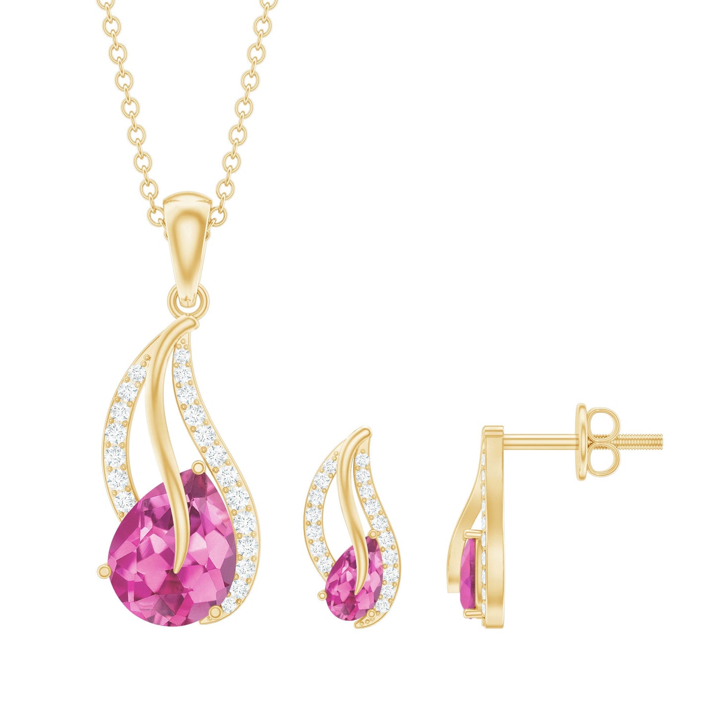 Pear Shaped Pink Tourmaline and Diamond Leaf Jewelry Set