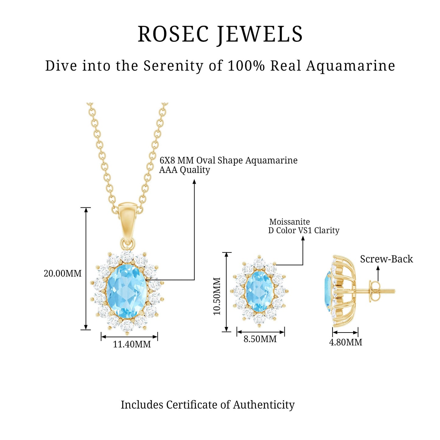 Natural Oval Aquamarine Necklace and Earrings Set with Certificate