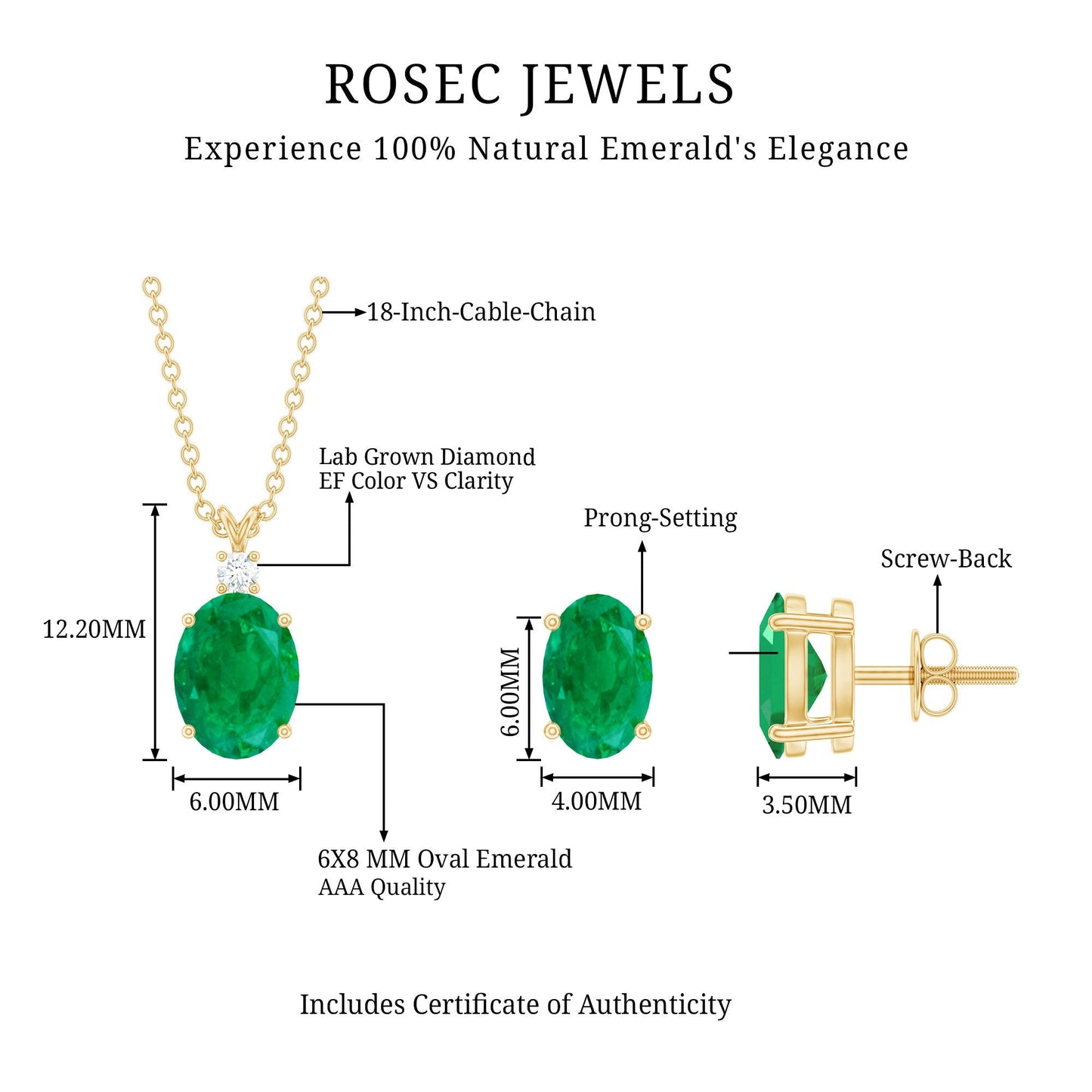 Genuine Emerald Solitaire Pendant and Earrings Set with Lab Grown Diamond
